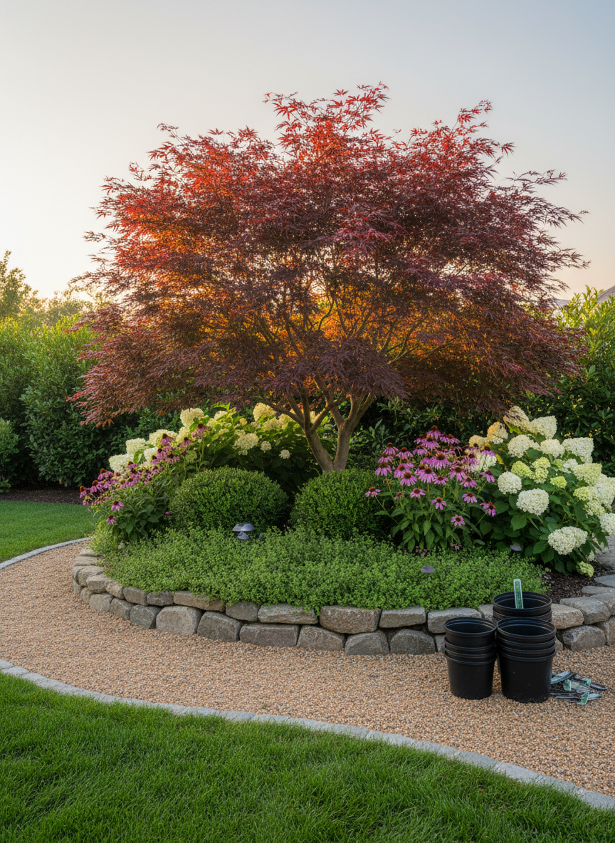 A serene, professionally designed backyard corner using nursery plants, photographed at eye level to demonstrate landscaping results. A small ornamental tree anchors the composition, underplanted with layered shrubs, flowering perennials, and low groundcovers, all appearing dense, healthy, and well-established. A simple stone retaining wall frames the bed, with a neatly edged lawn and a gravel path curving alongside. Early evening light casts a soft, warm glow across foliage, creating gentle highlights on leaf edges and subtle shadows that emphasize texture and depth. Several clean, black nursery pots sit grouped off to one side, implying plant selection and installation without clutter. The atmosphere is polished and inspirational, with photographic realism, balanced composition, and sharp focus showcasing how nursery plants transform outdoor spaces.