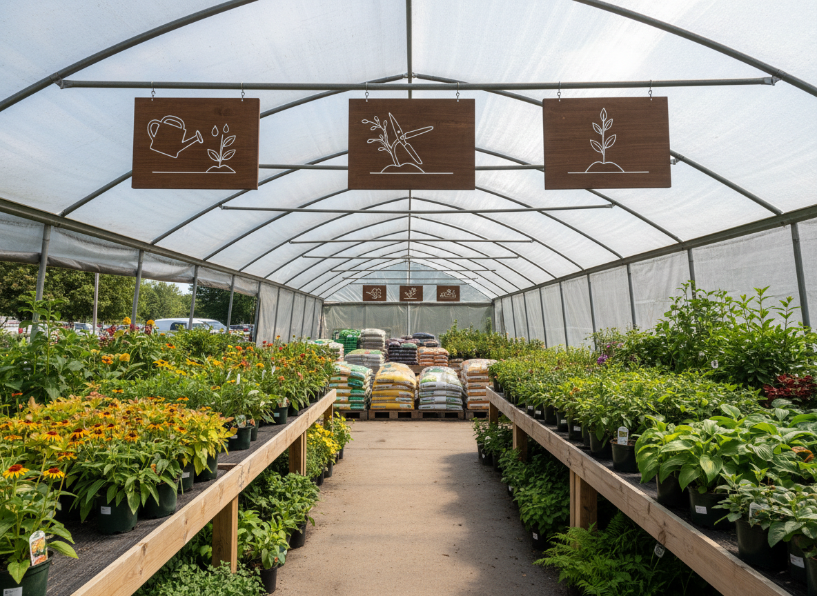 An organized covered area of a nursery dedicated to plant care and guidance, photographed at eye level. Sturdy wooden benches hold rows of potted perennials and shrubs sorted by sun and shade tolerance, their foliage lush and vibrant. Nearby, simple visual aids appear as icon-based diagrams on hanging boards with no readable text, illustrating watering, pruning, and planting depth concepts. Overhead, a translucent shade cloth diffuses bright daylight, creating soft, even illumination and minimal glare on leaves. The background shows neatly stacked bags of mulch and soil amendments, hinting at complete landscaping solutions. The atmosphere is educational yet approachable, conveying expertise without clutter. Composition uses rule of thirds, with one bench leading into the frame, and sharp detail throughout in a clean, modern, photographic style.