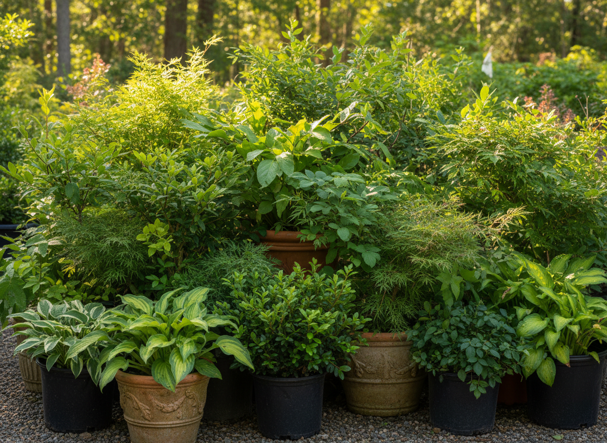 Close-up of lush potted nursery plants and shrubs with dense, vibrant green foliage in natural sunlight. Show healthy container plants arranged naturally without any structures, greenhouses, or water features.